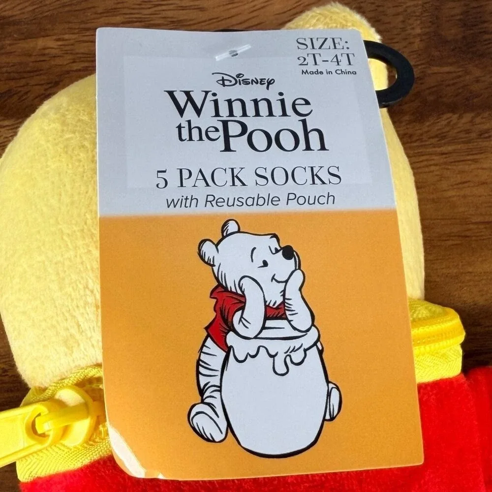 Disney Winnie The Pooh‎ Socks 2T-4T 5 Pairs Socks and Reusable Plush Pouch